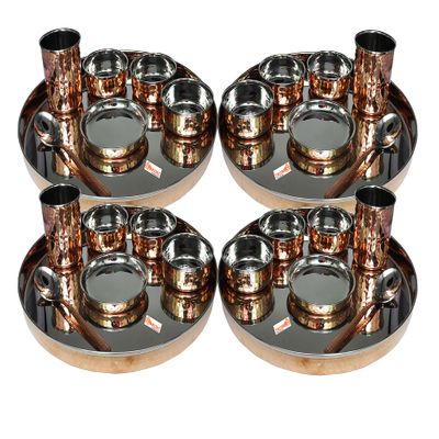 Pack Of 4 Set Stainless Steel Copper Traditional Dinnerware Set Of Thali Plate, Bowls, Glass And Spoon, Diameter (4, 13-Inch)