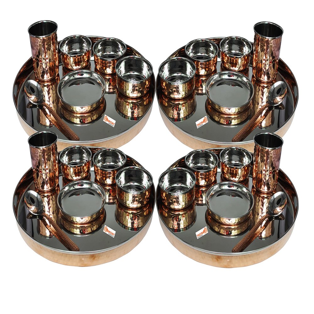 Pack Of 4 Set Stainless Steel Copper Traditional Dinnerware Set Of Thali Plate, Bowls, Glass And Spoon, Diameter (4, 13-Inch)
