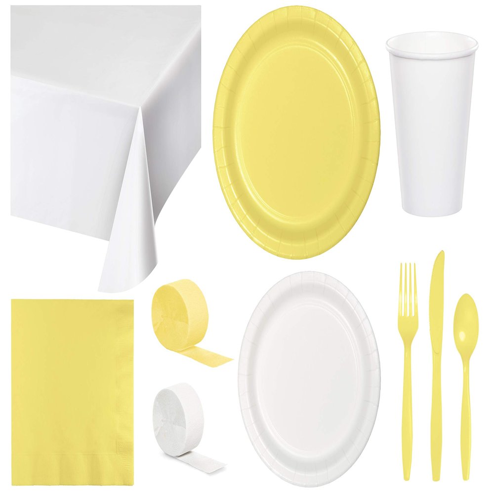 Baxters Party Bundle Bulk, Tableware for 24 People White and Mimosa Yellow, 2 Size Plates Napkins, Paper Cups Tablecovers and Cutlery, Box of 199