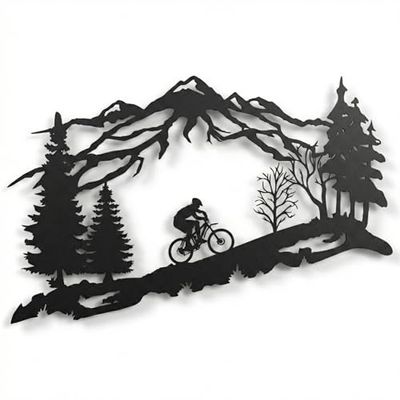 DEKADRON Metal Biker Wall Art, Mountain Tree and Cyclist Themed Wall Art, Metal Wall Decor, Bicycle Lover Gift, Home Decoration, Wall Hangings (30" W x 19" H / 75x48 cm)