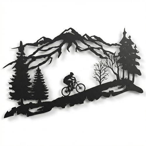 DEKADRON Metal Biker Wall Art, Mountain Tree and Cyclist Themed Wall Art, Metal Wall Decor, Bicycle Lover Gift, Home Decoration, Wall Hangings (30" W x 19" H / 75x48 cm)
