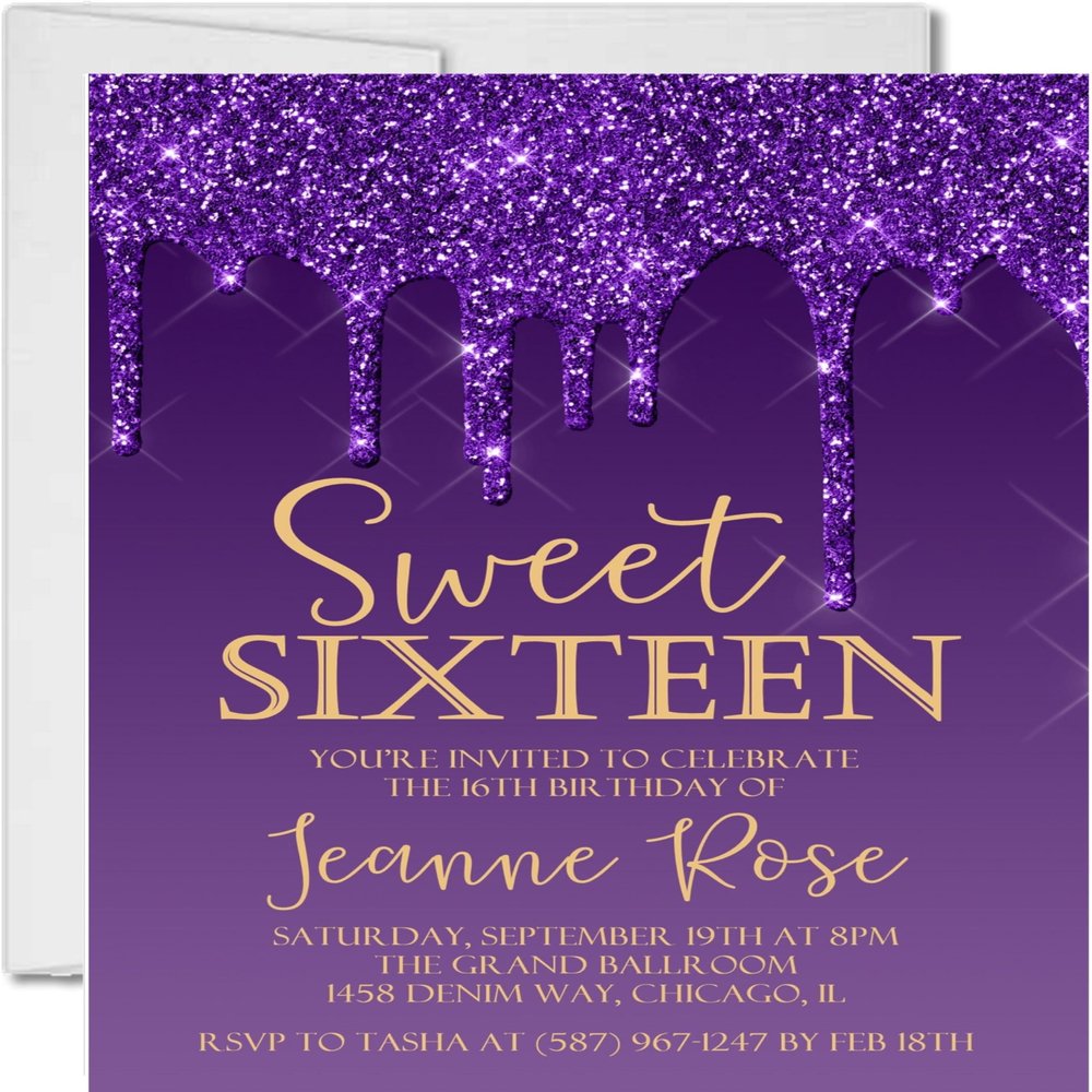 Purple Sweet 16 Invitations with envelopes (Purple Paint)