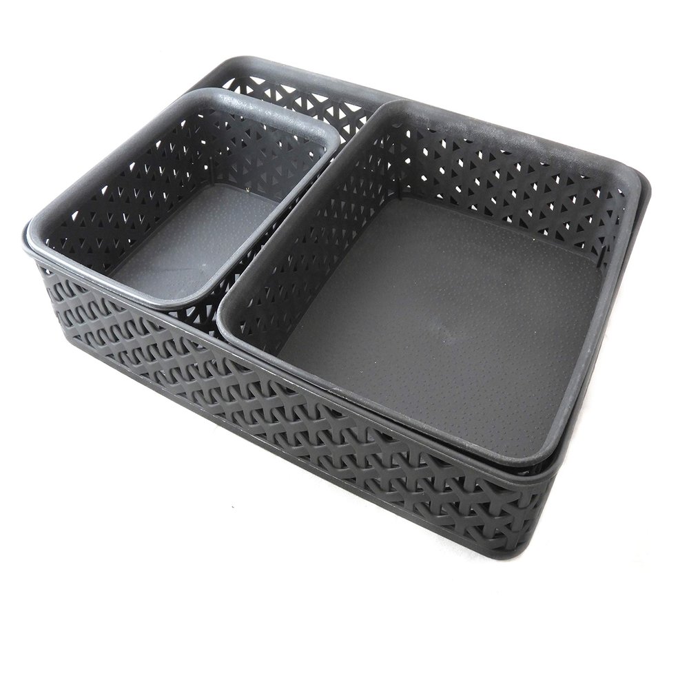 Dependable Industries inc. Essentials Set of 3 Shelf Drawer Storage Baskets Multi Purpose Bath Bedroom Kitchen (Black)