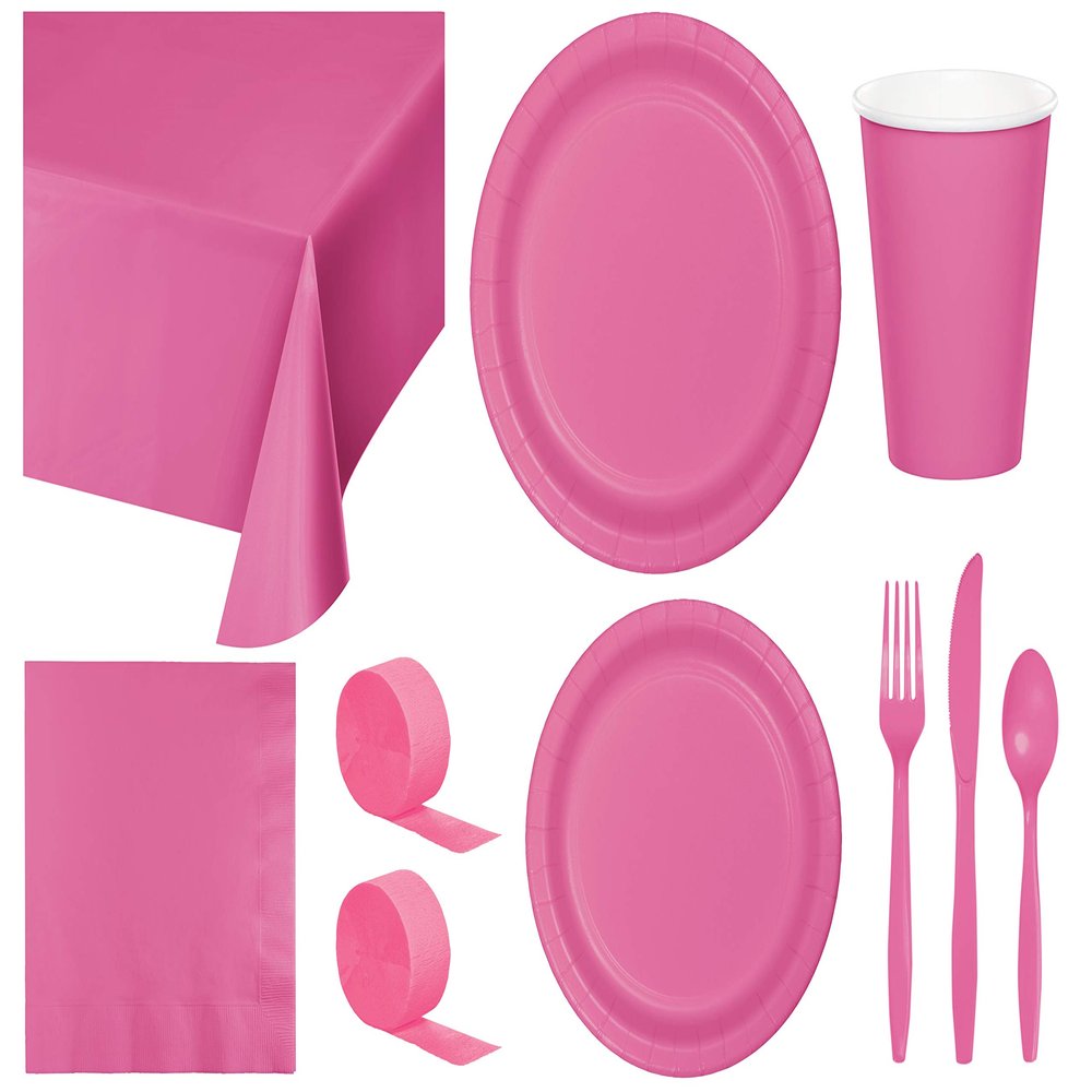 Baxters Party Bundle Bulk, Tableware for 24 People Candy Pink, 2 Size Plates Napkins, Paper Cups Tablecovers and Cutlery, Box of 199