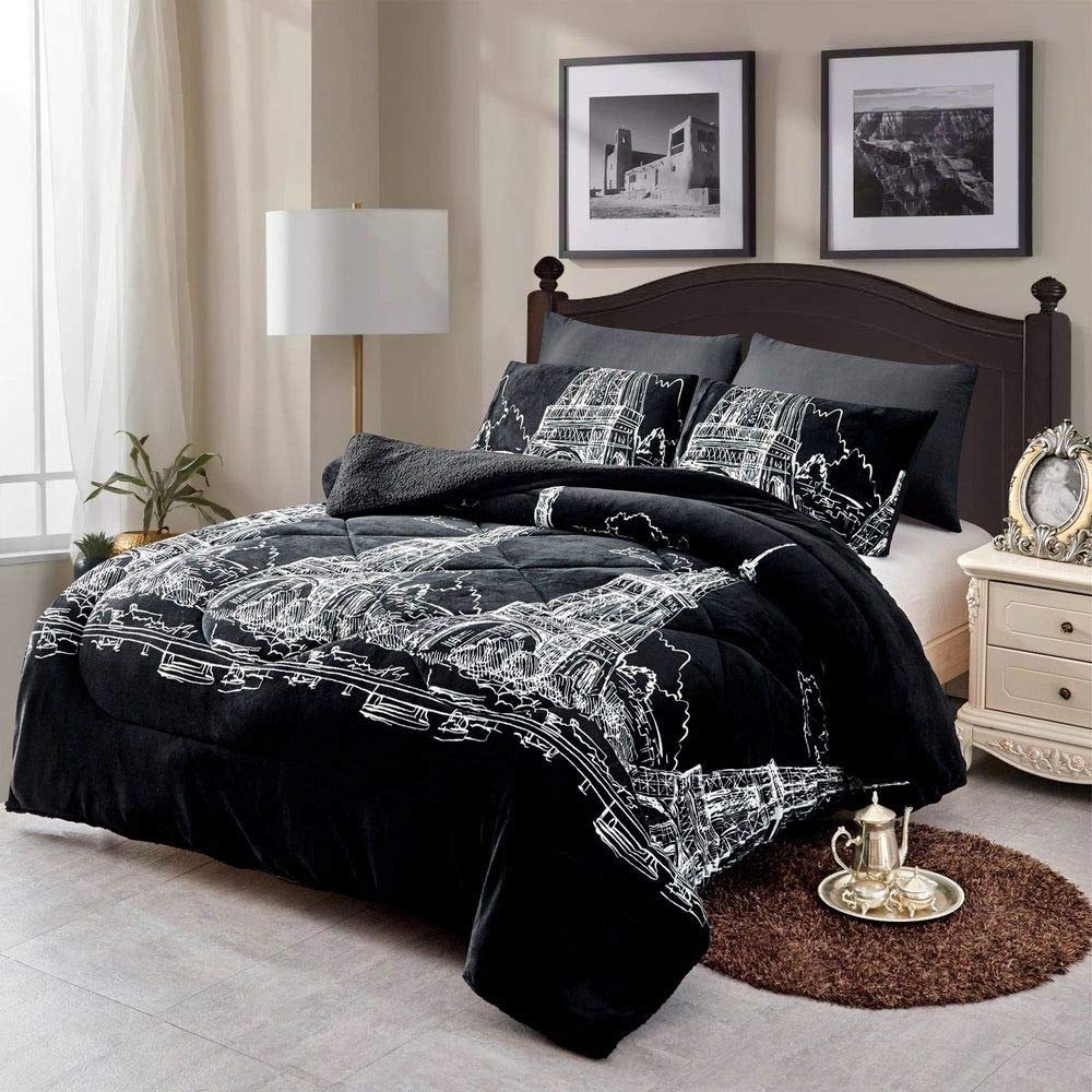 3 Piece Modern Multi Brown Plaid Comforter Set, Beautiful Paris Eiffel Tower Print Diamond Stitched Sophisticated Pattern Soft Bedding Sets King,Thick Warm Shrink Resistant Fleece Sherpa Velvet Feel