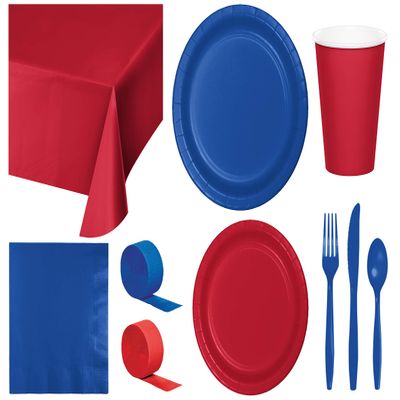 Baxters Party Bundle Bulk, Tableware for 24 People Red and Cobalt Blue, 2 Size Plates Napkins, Paper Cups Tablecovers and Cutlery, Box of 199