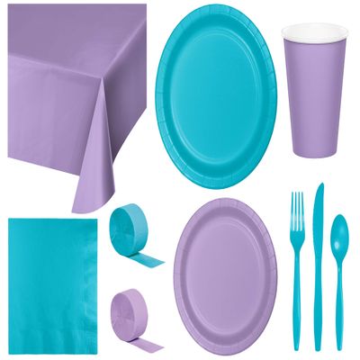 Baxters Party Bundle Bulk, Tableware for 24 People Lavender and Bermuda Blue, 2 Size Plates Napkins, Paper Cups Tablecovers and Cutlery, Box of 199
