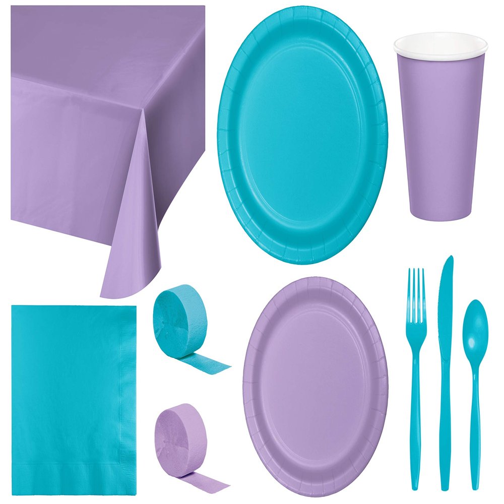Baxters Party Bundle Bulk, Tableware for 24 People Lavender and Bermuda Blue, 2 Size Plates Napkins, Paper Cups Tablecovers and Cutlery, Box of 199