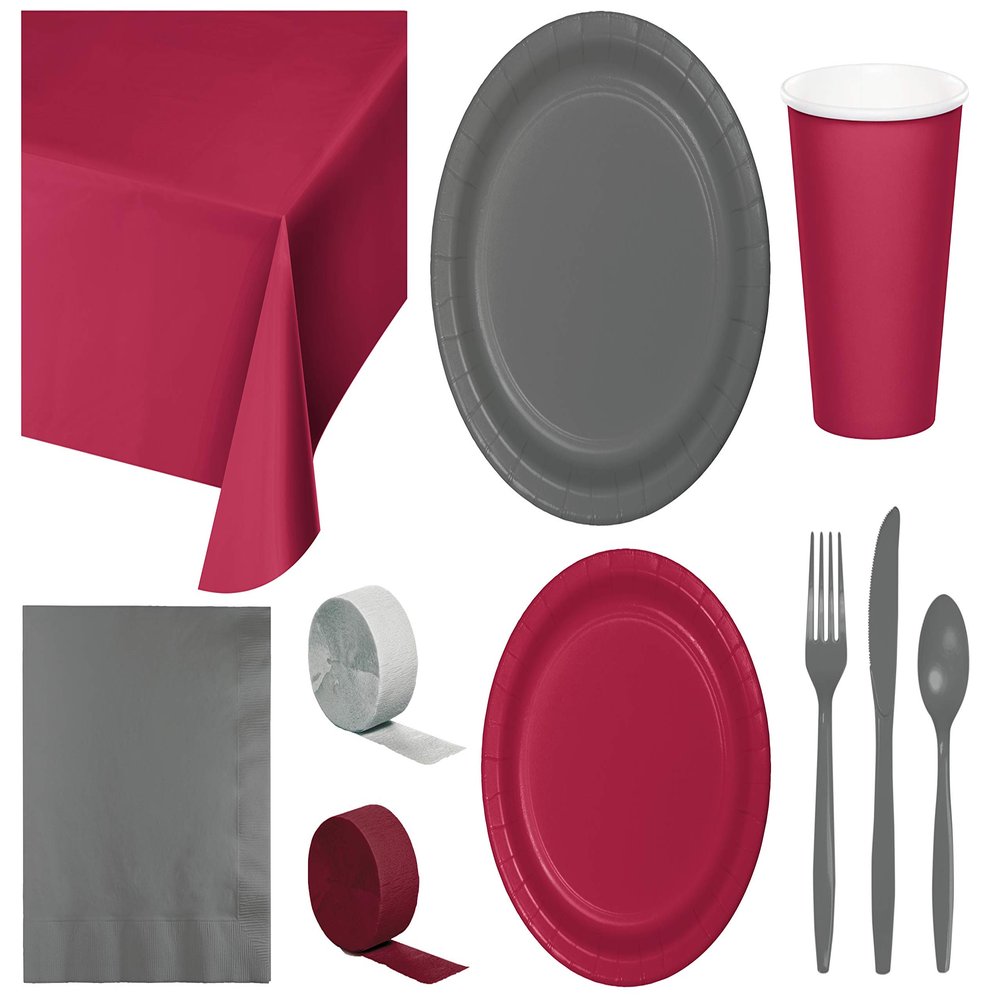 Baxters Party Bundle Bulk, Tableware for 24 People Burgundy and Gray, 2 Size Plates Napkins, Paper Cups Tablecovers and Cutlery, Box of 199