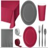 Baxters Party Bundle Bulk, Tableware for 24 People Burgundy and Gray, 2 Size Plates Napkins, Paper Cups Tablecovers and Cutlery, Box of 199 view 1