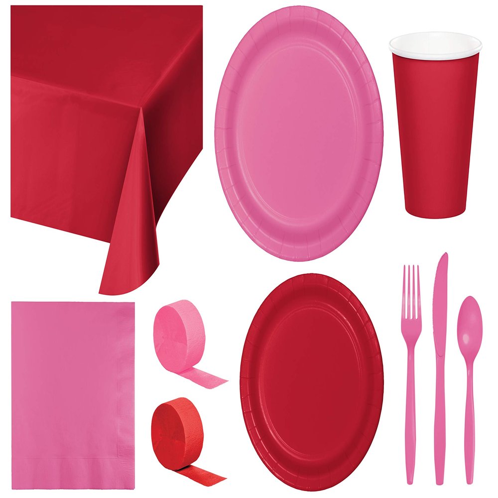 Baxters Party Bundle Bulk, Tableware for 24 People Red and Candy Pink, 2 Size Plates Napkins, Paper Cups Tablecovers and Cutlery, Box of 199