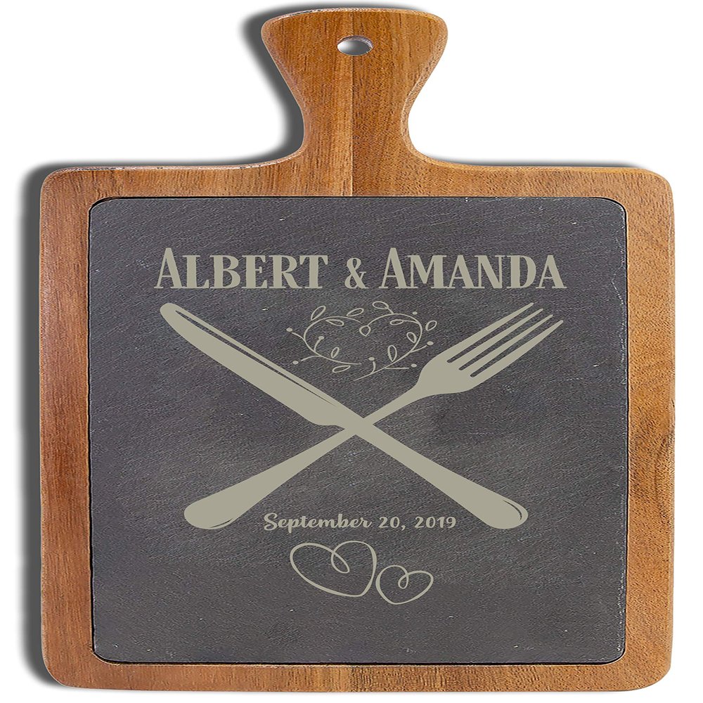 Personalized Natural Slate Cutting Board, 10 Diffrerent Designs, Custom text Board, Wedding Gifts for the Couple, Housewarming Gift & Kitchen Sign, Mothers Day (Acacia Wood - 01, Design 06)