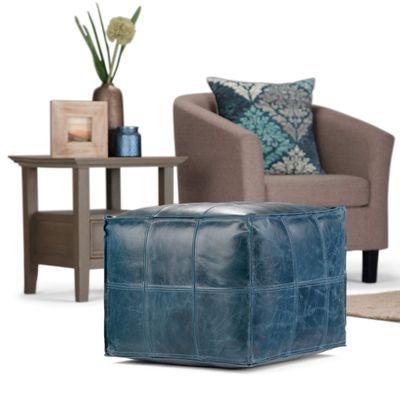 Misc Contemporary Square Pouf in Teal Leather Blue Transitional Solid Handmade