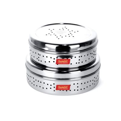 Sumeet Stainless Steel Hole Puri Dabbas/Sprout Maker/Flat Canisters with Air Ventilation Set of 2, Size No. 11-18.5cm Dia, No. 12-20.4cm Dia