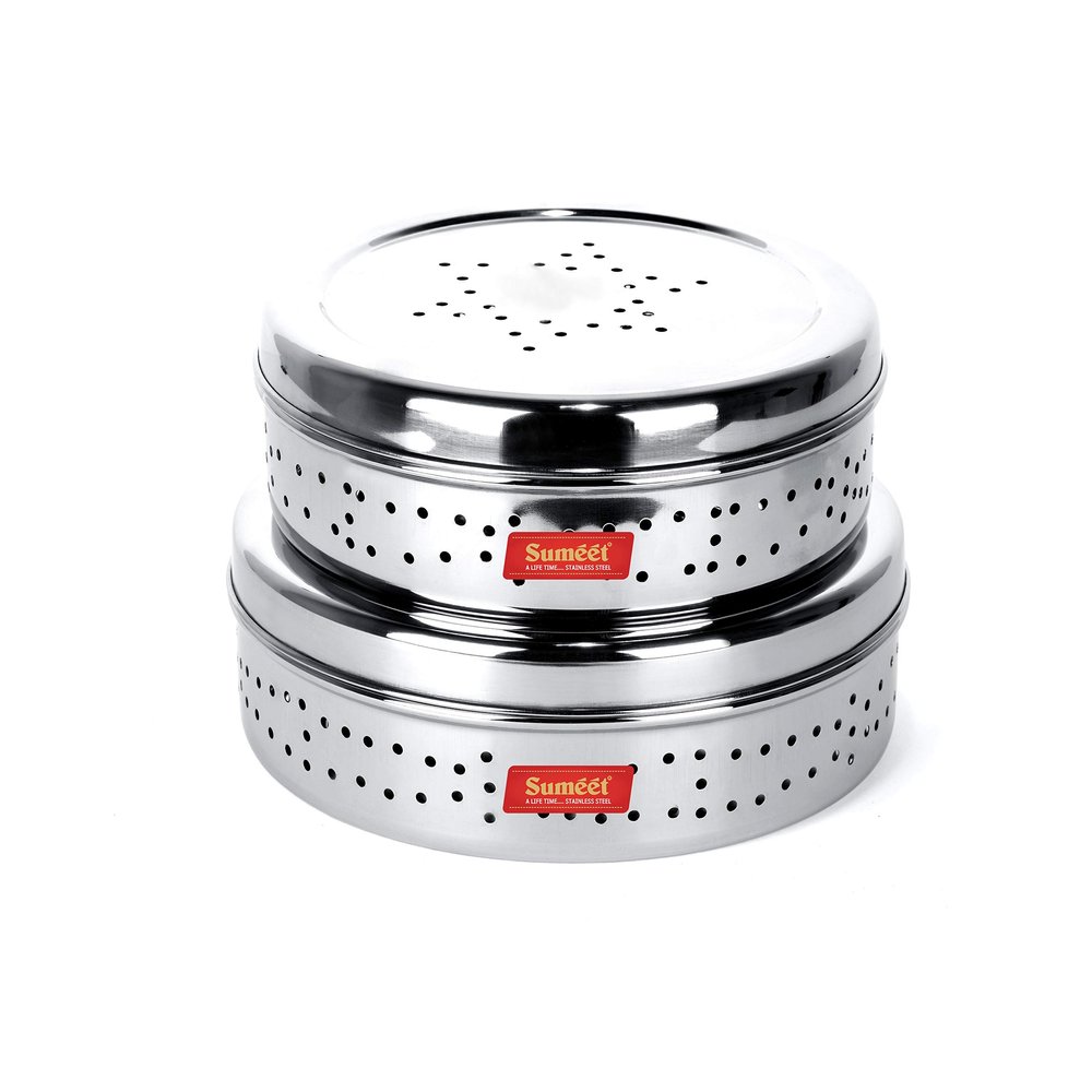 Sumeet Stainless Steel Hole Puri Dabbas/Sprout Maker/Flat Canisters with Air Ventilation Set of 2, Size No. 11-18.5cm Dia, No. 12-20.4cm Dia