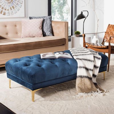 Misc Navy/Brass Tufted Rectangular Bench - 54" X 27" 16" Blue Solid Glam Modern Contemporary Velvet Finish