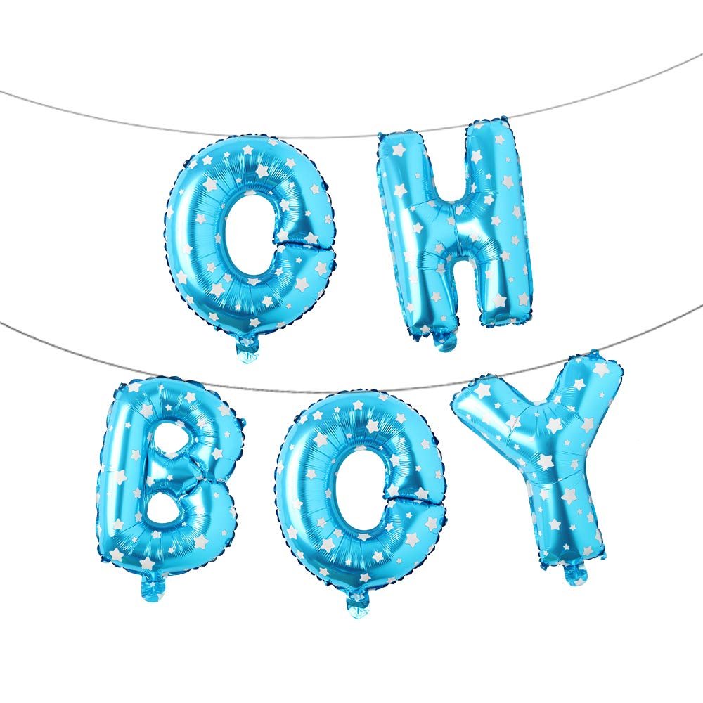 16 inch Oh Boy Balloons Banners Alphabet Foil Letter Balloon Decoration with Rope for Baby Shower Birthday Party Gender Reveal Party (OH BOY Blue Star)