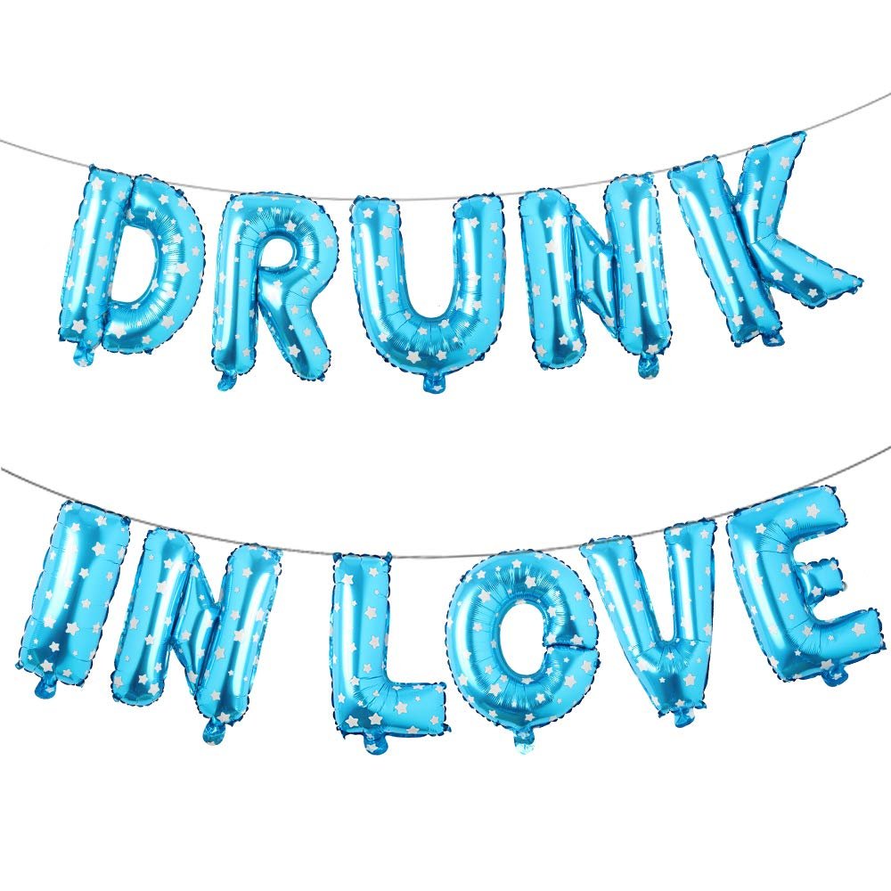 16 inch DRUNK IN LOVE Balloons Banner Foil Letters Mylar Balloons for Bachelorette Parties, Weddings, Bridal Shower (Blue Star)