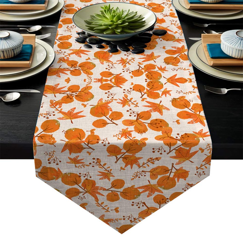 Dining Table Runner Golden Autumn Beautiful Plants and Leaves Kitchen Table Runner for Dinner Parties, Events, Decor 14" x 72"
