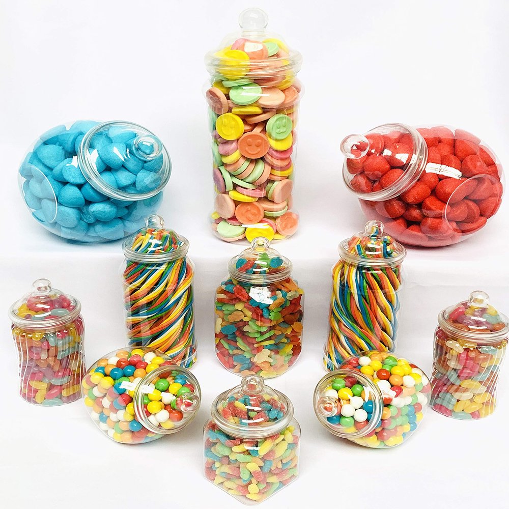 11 Retro Mixed Plastic Sweet Jars for Pick & Mix, Victorian Sweet Shop, Candy Buffet Kit, Party Pack