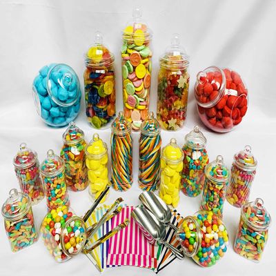 19 Retro Empty Plastic Sweet Jars, 2 Scoops, 2 Tongs and 100 Bags for Truly Sweet Candy Buffet Kit, Sweet Table (Black Candy Stripe)