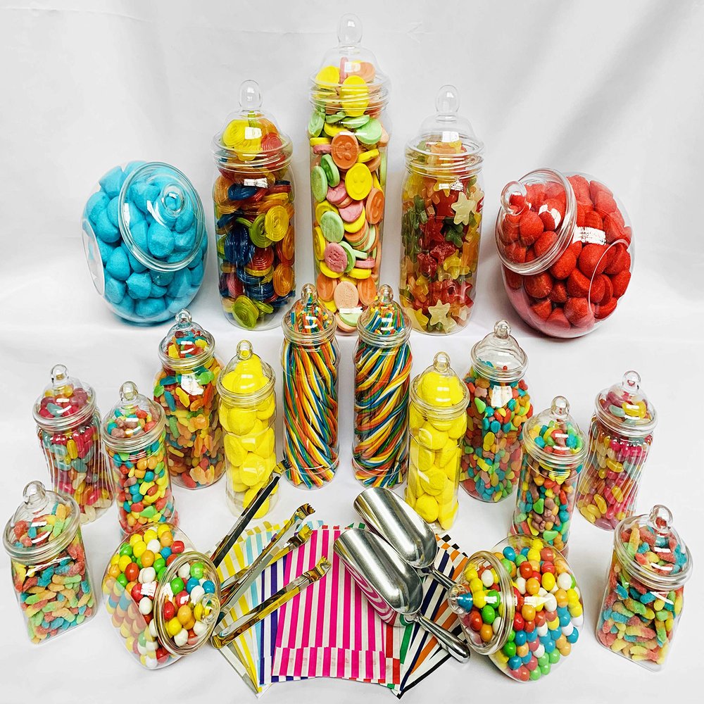 19 Retro Empty Plastic Sweet Jars, 2 Scoops, 2 Tongs and 100 Bags for Truly Sweet Candy Buffet Kit, Sweet Table (Black Candy Stripe)
