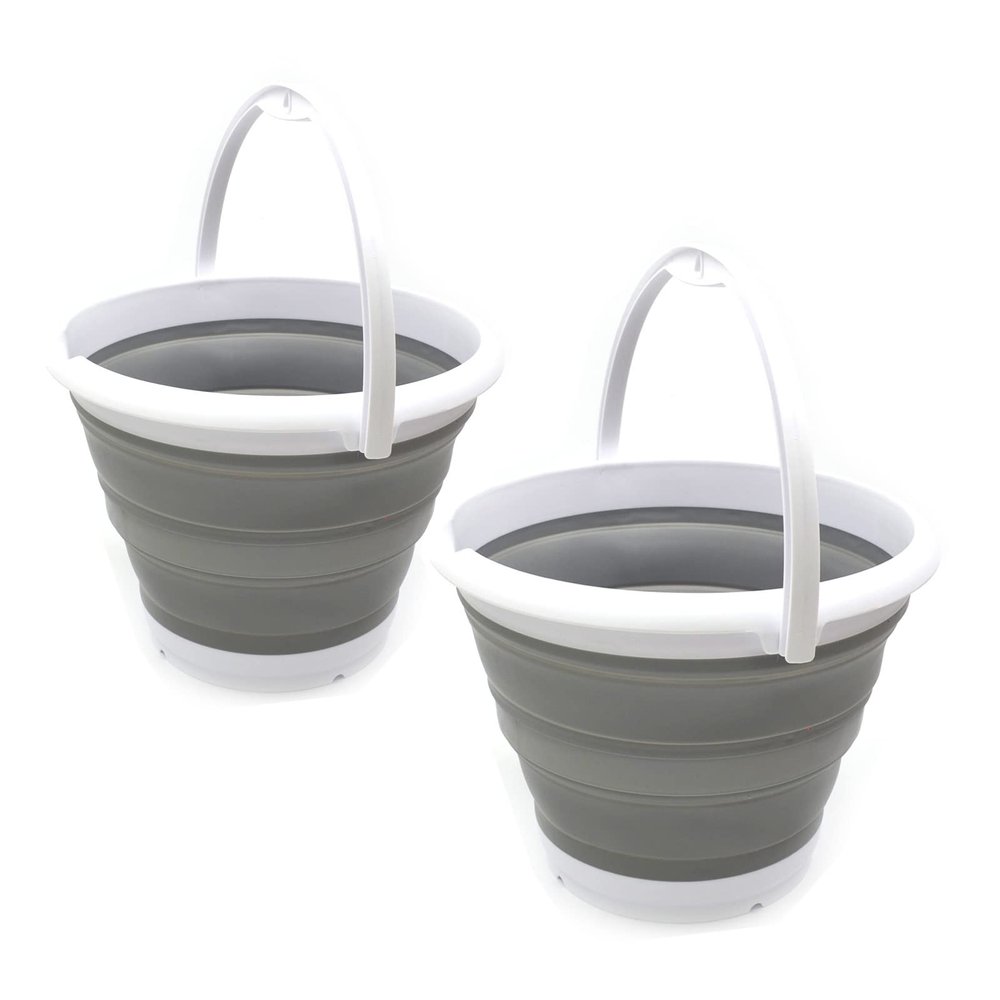 SAMMART Set of 2-10L (2.64Gallon) Collapsible Fishing Bucket - Foldable Round Tub - Portable Plastic Water Pail - Space Saving Outdoor Waterpot - Trunk Organizer (2, Grey)