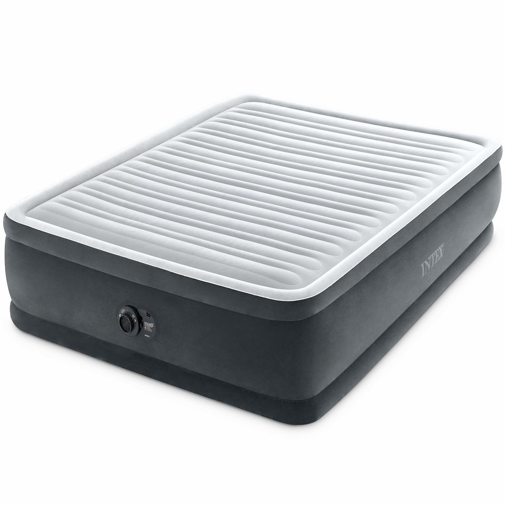 INTEX Dura-Beam Deluxe Comfort-Plush Elevated: Fiber-Tech Queen Size Built-in Electric Pump 18in Bed Height 600lb Weight Capacity
