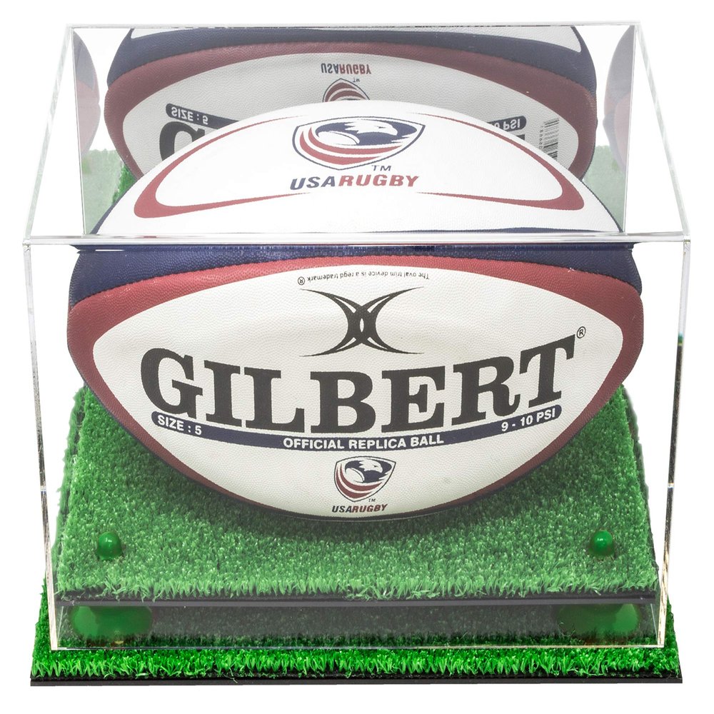 Better Display Cases Acrylic Rugby Ball Display Case with Mirror, Green Risers and Turf Base (A004-GRR)