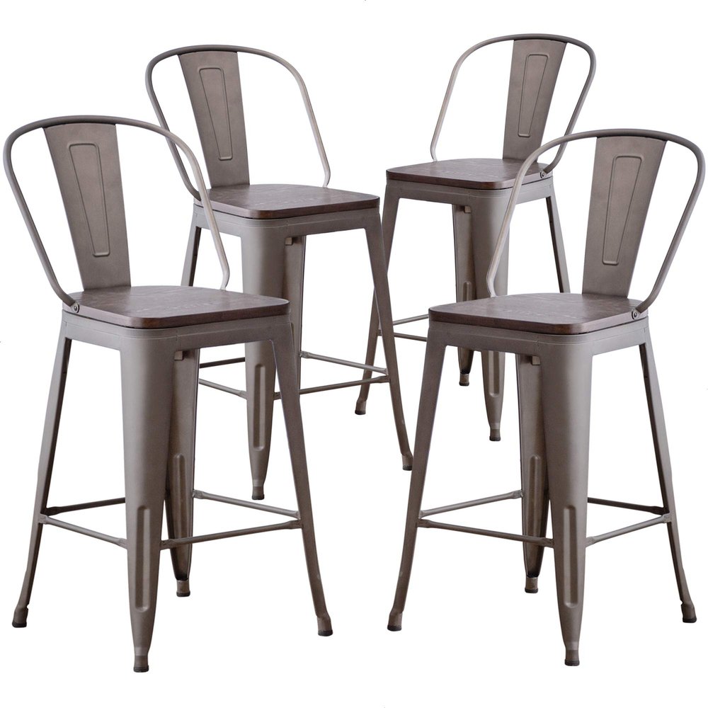 Aklaus Metal Bar Stools Set of 4,24 inch Barstools Counter Height Bar Stools with Backs Farmhouse Barstools with Larger seat High Back Kitchen Dining Chairs Modern Bar Chairs 24" Rusty Stool