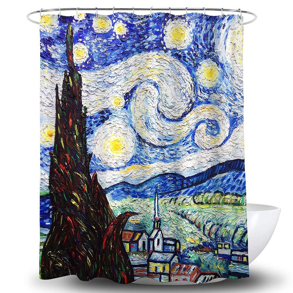 BECAN Starry Night Shower Curtain, Van Gogh Starry Night Abstract Art Painting Polyester Fabric Waterproof Layer Thickening Shower Curtain 72X72Inches
