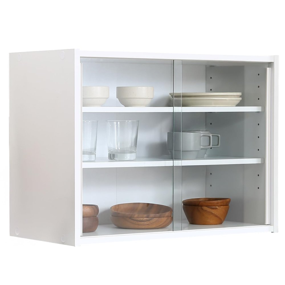 Fuji Boeki 99437 Cupboard, Kitchen Storage, Compact, Width 23.6 x Depth 11.4 x Height 17.3 inches (60 x 29 x 44 cm), White, Glass Door, Movable Shelf, Living Alone