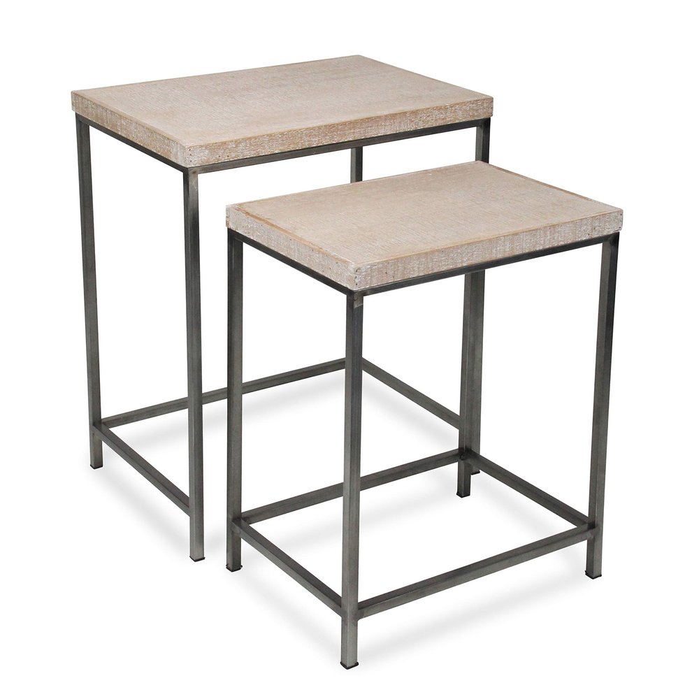 Cheung's Cordelia Set of 2 White Washed Nesting Table, 13.25" L x 18.5" W x 25.25" H, Brown and Black