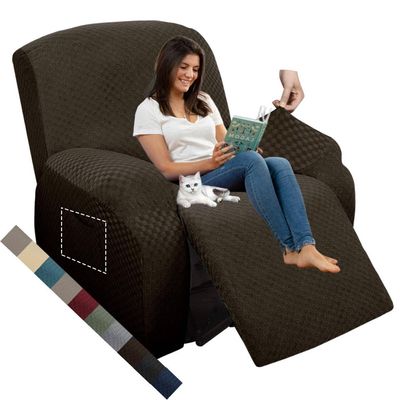 MAXIJIN Latest Recliner Slipcovers for Living Room 4 Pieces Stretch Jacquard Recliner Chair Cover Soft Fitted Recliner Protector with Elastic Bottom for Kids, Pets (Recliner, Dark Coffee)