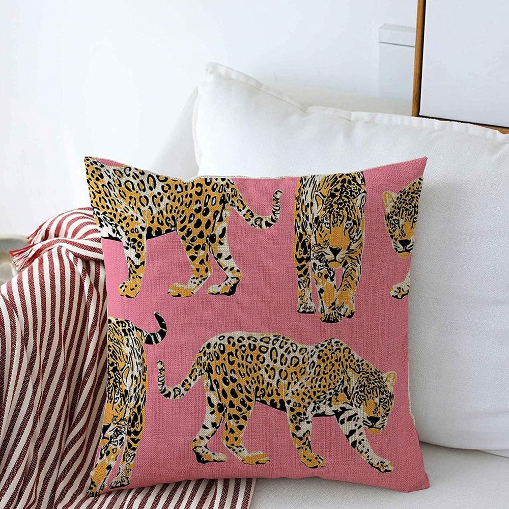 Decorative Throw Pillow Cushion Covers for Couch Pattern Different Cheetah Wild Striped Leopards Animal On Chic Animals Wildlife with Pink Textures Linen Sofa Pillows Case 16x16 Inch