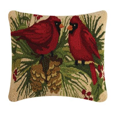 Peking Handicraft Holly Cardinals Duo Holiday Hook Pillow, 20-inch Length, Wool and Cotton