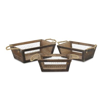 Cheung's Set of 3 Tapered Wood Wire Panels Storage Crate, Brown