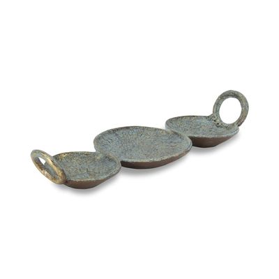Cheungs Cast Iron Brushed Gold Blue Jewelry Holder with Side Handles Table Dcor, 14" L x 4.75" W x 2.5" H