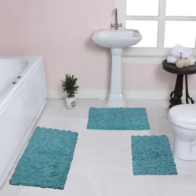 Home Weavers Bell Flower Collection 100% Cotton Tufted Bath Rugs, Extra Soft and Absorbent Bath Rugs, Non-Slip Bath Mats, Machine Washable, Bath Mats for Bathroom Floor and Tub, 3 Piece Set, Blue
