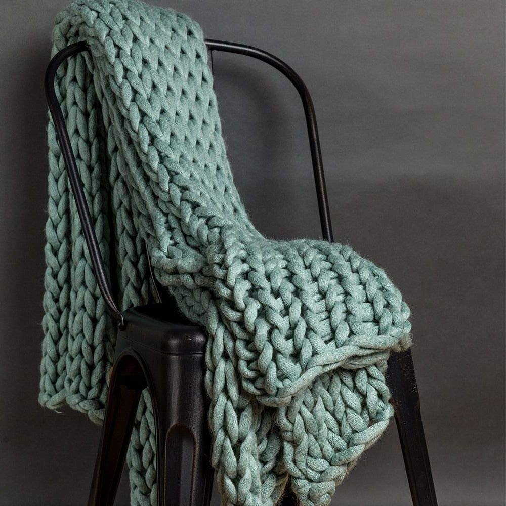 1 Piece Casual Acrylic Chunky Knit Blanket Classic Solid Color Braid Like Visual Textured Muted Teal Throw Blanket Expertly Crafted Yarn Durable Warm Decorative All Season Cozy Comfy 50x40 Blanket