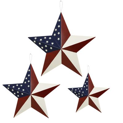 Attraction Design Metal Barn Star Patriotic Hanging Wall Decor Set, Rustic American Flag Metal Star Barn Wall Art Door Decor 4th of July Decoration Outdoor Star Decor (Red White Blue-Assorted Pack B)