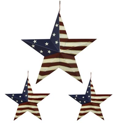 Attraction Design Metal Barn Star Patriotic Hanging Wall Decor Set, Rustic American Flag Metal Star Barn Wall Art Door Decor 4th of July Decoration Outdoor Star Decor (Red White Blue-Assorted Pack C)