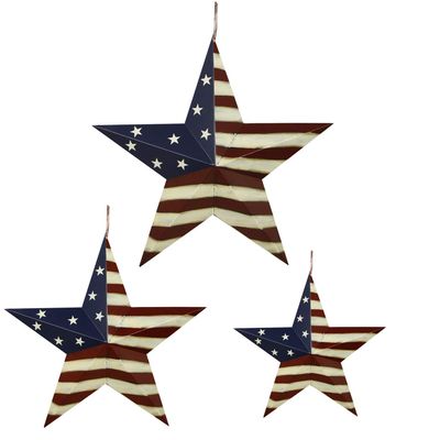 Attraction Design Metal Barn Star Patriotic Hanging Wall Decor Set, Rustic American Flag Metal Star Barn Wall Art Door Decor 4th of July Decoration Outdoor Star Decor (Red White Blue-Assorted Pack A)