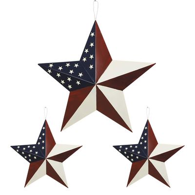 Attraction Design Metal Barn Star Patriotic Hanging Wall Decor Set, Rustic American Flag Metal Star Barn Wall Art Door Decor 4th of July Decoration Outdoor Star Decor (Red White Blue-Assorted Pack D)