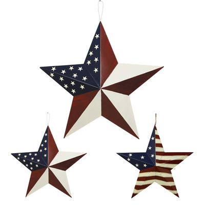 Attraction Design Metal Barn Star Patriotic Hanging Wall Decor Set, Rustic American Flag Metal Star Barn Wall Art Door Decor 4th of July Decoration Outdoor Star Decor (Red White Blue-Assorted Pack F)