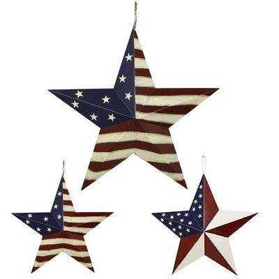 Attraction Design Metal Barn Star Patriotic Hanging Wall Decor Set, Rustic American Flag Metal Star Barn Wall Art Door Decor 4th of July Decoration Outdoor Star Decor (Red White Blue-Assorted Pack E)