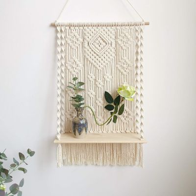 BLUETTEK Macrame Wall Hanging Shelf, Boho Decorative Floating Plants Swing Hanging Shelf Wooden Storage Hanger, Handmade Cotton Rope Woven Home Wall Decor
