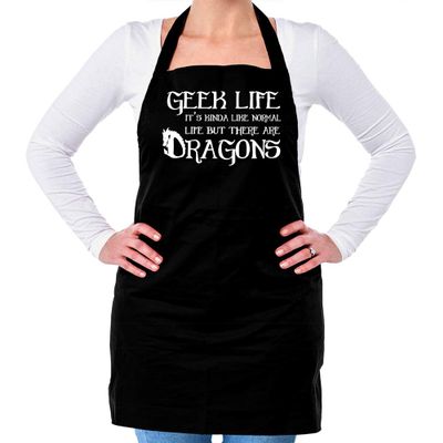 Geek Life: Like Normal Life But With Dragons - Unisex Adult Kitchen/BBQ Apron - Black - One Size