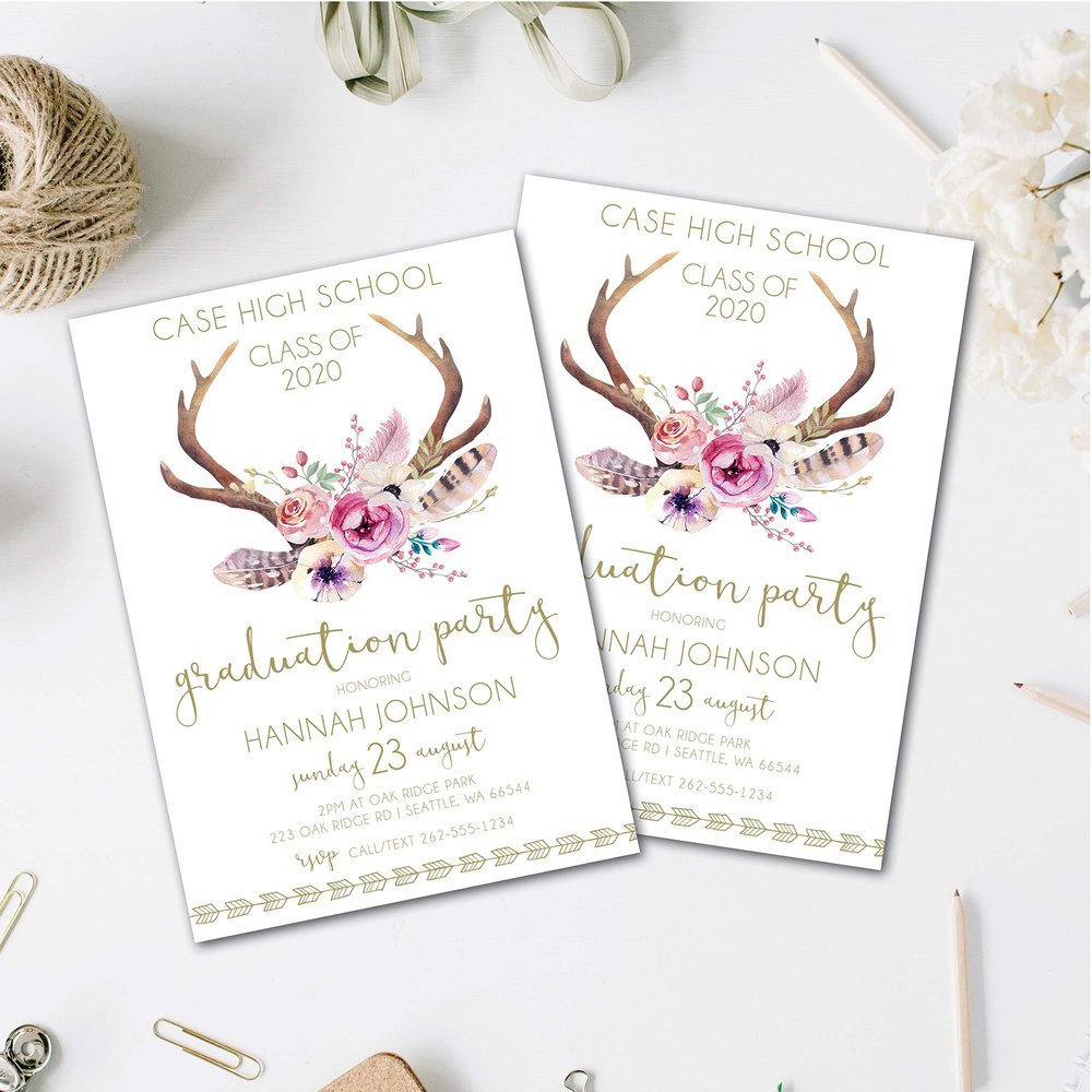 Tribal Antlers Graduation Party Invitation | Graduation Invites | Boho Chic | College Graduation | High School Graduation | Class of 2020