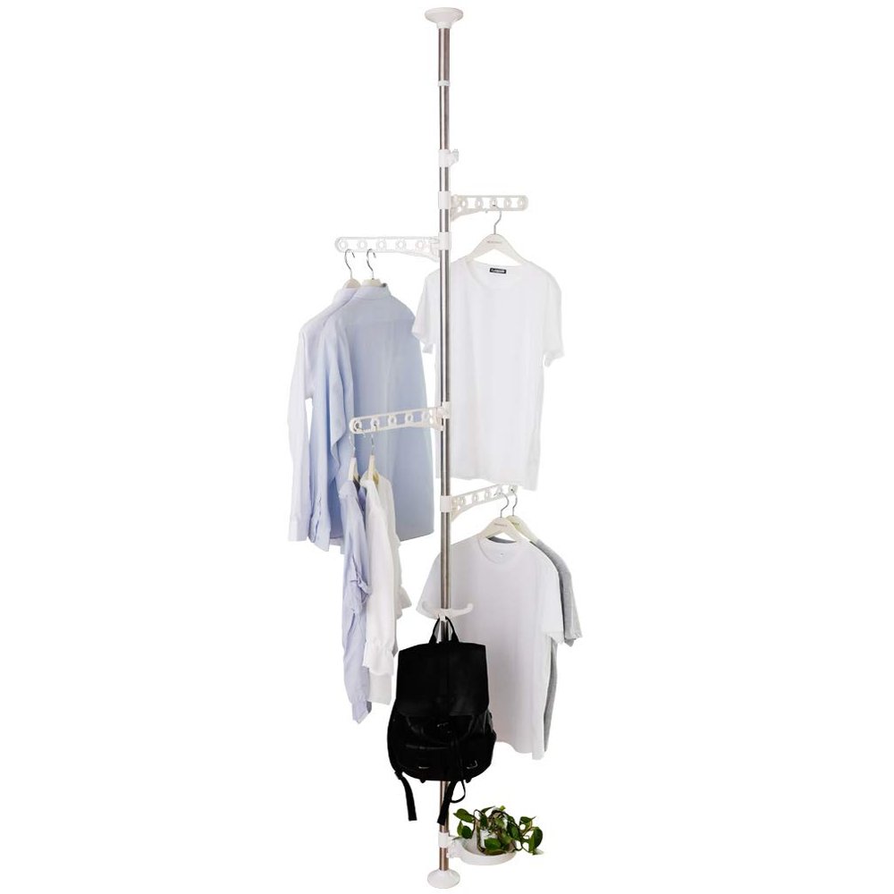 BAOYOUNI Adjustable Corner Coat Rack Stand Entryway Hall Tree Hat Jacket Hanger Hooks Floor to Ceiling Holder Organizer for Clothes, Purse, Scarves, Handbags, Umbrella, Plants - Ivory